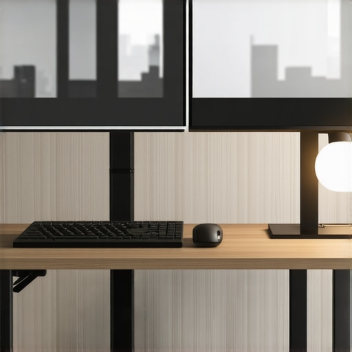 Optimized Ergonomic Standing Desk Configuration A clean and organized standing desk setup showing proper monitor height and cable management.