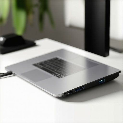 A vertical laptop stand showing proper vent orientation and cable management for better cooling performance.