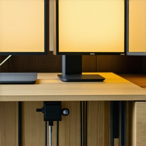 Optimized Minimalist Desk Setup and Connectivity Command Center An organized desk setup featuring an under-desk mounted USB-C dock and balanced ambient lighting to prevent eye strain.