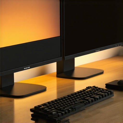 A professional minimalist desk setup featuring dual monitors, a USB-C dock, and warm bias lighting to reduce eye strain.
