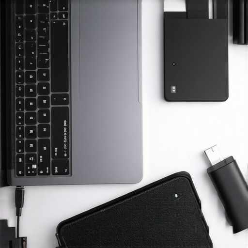 Optimized Minimalist Wireless Desk Setup A clean desk setup showing a laptop connected to a USB-C dock with a wireless keyboard nearby.