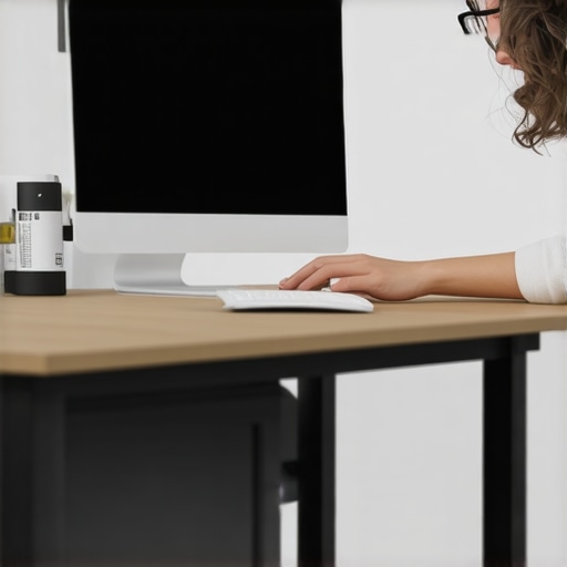 Optimized Monitor Height and Tilt for Bifocal Users A side profile of a low-profile monitor setup tilted back for ergonomic bifocal viewing.