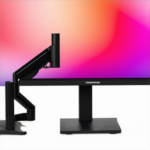 Close-up of an ergonomic monitor setup with a VESA mount and bias lighting for color consistency.