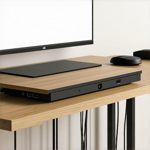 Optimized Monitor Riser Organization A professional desk setup showing a monitor on a wooden riser with a docking station underneath for better organization.
