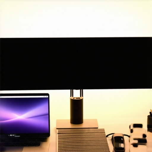 Optimized Professional Desk Setup with Balanced Lighting A modern desk setup showing a laptop on a stand and a monitor with bias lighting to reduce eye strain.