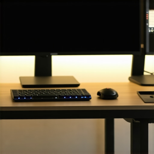 Optimized Professional Desk Setup with Bias Lighting A high-end office desk setup showing a shielded USB-C dock and balanced monitor lighting to reduce eye strain.