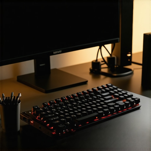 Optimized Professional Desk Setup with High-End Tech A high-tech office desk showing a monitor light bar, a USB-C dock, and a mechanical keyboard illustrating a professional workspace.