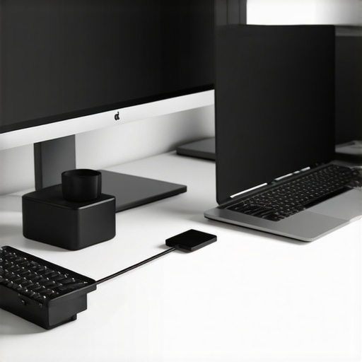 Optimized Professional Desk Setup with Lighting and Dock A clean home office setup showing a laptop, monitor, and USB-C dock with soft ambient lighting.