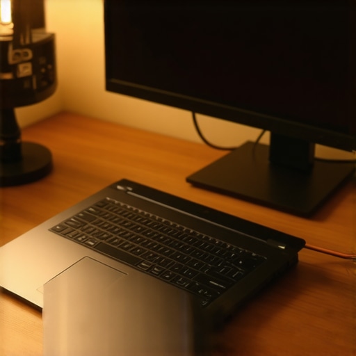 A high-end workspace showing proper laptop ventilation and monitor placement for reduced eye strain.