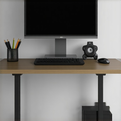 Optimized Small Workspace Setup A minimalist and ergonomic small desk setup with a monitor shelf and vertical display.