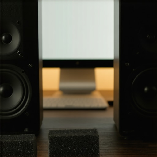 Close-up of studio monitors on isolation pads on a desk setup