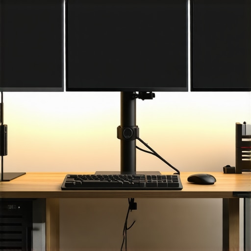 Close-up of a triple monitor setup on a small desk with professional mounting and cable management.