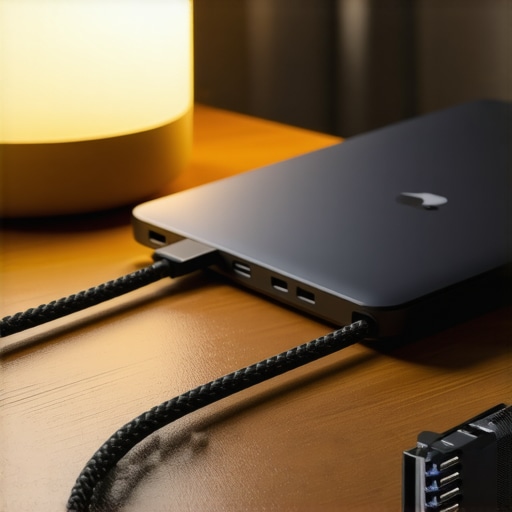 Optimized USB-C Dock Cable Management A close-up of a powered USB-C hub with organized high-speed cables on a clean workspace.