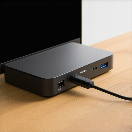 Optimized USB-C Dock Setup with Ventilation A professional USB-C dock on a metal riser to prevent overheating in a modern desk setup.