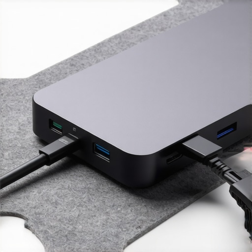 Optimized USB-C Dock and Cable Management Close up of organized cables and Thunderbolt 4 dock on a desk