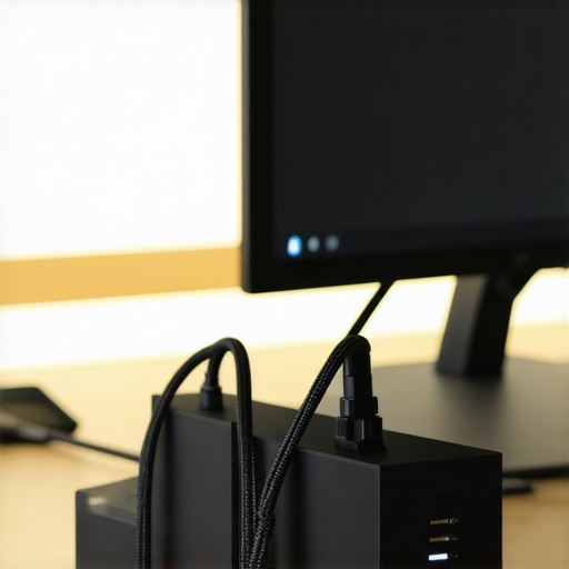 A detailed view of a professional USB-C docking station with organized cables to prevent signal interference.