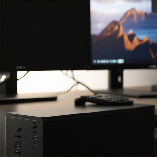 Close up of a USB-C dock connected to dual monitors with professional lighting.
