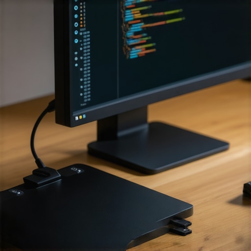 Optimized USB-C Dock and Vertical Monitor Setup A professional desk setup featuring a USB-C dock and a vertical monitor with clean cable management.