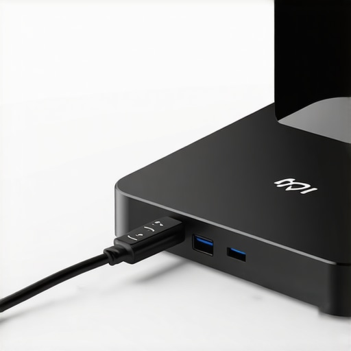 Optimized USB-C Docking Station Setup High-quality USB-C dock with organized cables and ambient desk lighting for better productivity.