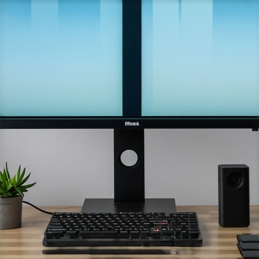 A clean professional desk setup showing a vertical monitor on an arm and a high-performance USB-C dock.