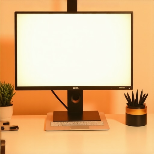 Optimized Vertical Monitor Workspace with Bias Lighting A professional office setup showing a vertical monitor with backlighting and a docked laptop.