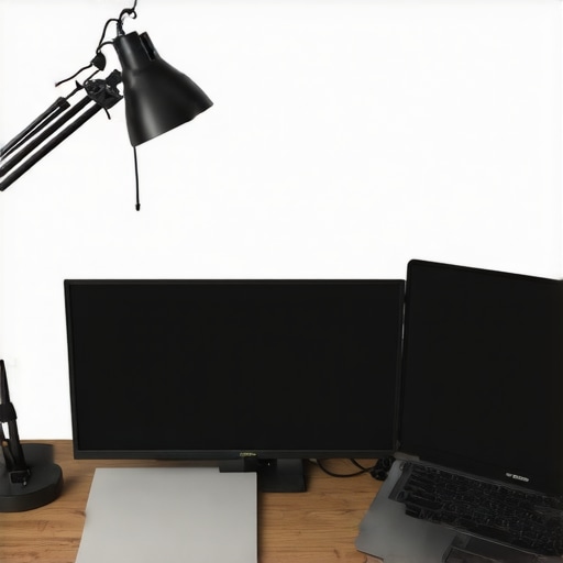Optimized desk lighting and dock placement Diagram of a professional desk setup showing correct lamp and monitor placement for video calls.