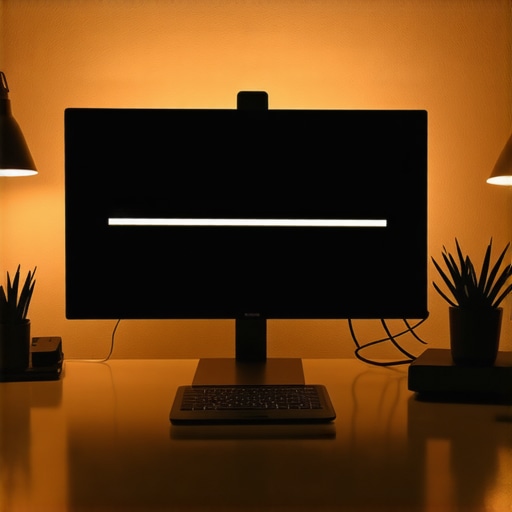 A modern desk setup featuring a monitor light bar and organized peripherals to reduce eye strain