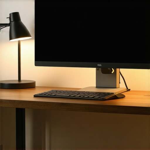 Optimized desk lighting for productivity A warm-lit desk setup featuring a monitor light bar and a desk lamp to optimize focus and reduce eye strain.