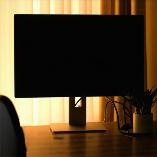 A professional desk setup featuring bias lighting and a laptop on a VESA mount to reduce eye strain and maximize efficiency.