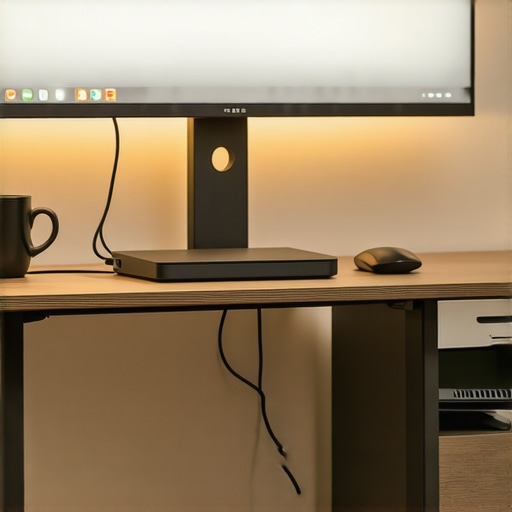 A high-end desk setup showing a monitor with bias lighting and a USB-C dock for improved productivity.