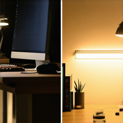 Optimized home office lighting comparison Comparative view of harsh vs soft desk lighting for reduced eye strain.