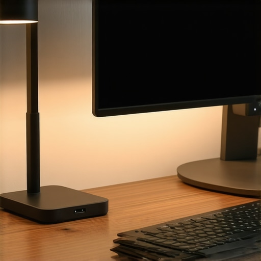 Optimized minimalist desk setup with clean cable routing A clean desk setup showing a premium USB-C dock and organized workspace accessories under warm desk lighting