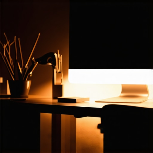 A computer monitor with warm bias lighting on the back wall to reduce eye strain.