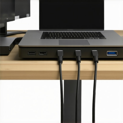 A high-end USB-C docking station and an open laptop on a stand for thermal management.