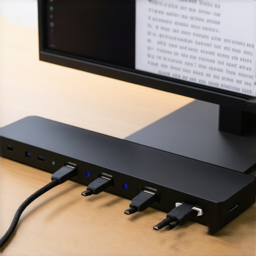 A professional USB-C docking station setup with multiple cables and ambient monitor lighting.