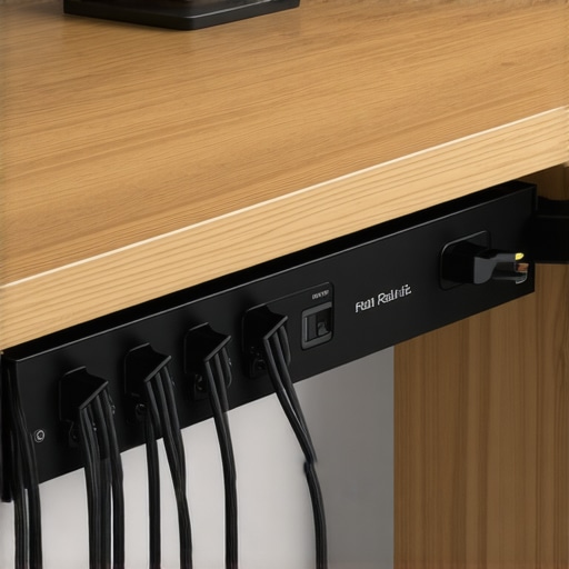 Organized Cable Management Under a Modern Desk A well-organized cable management tray with labeled wires under a wooden desk setup.
