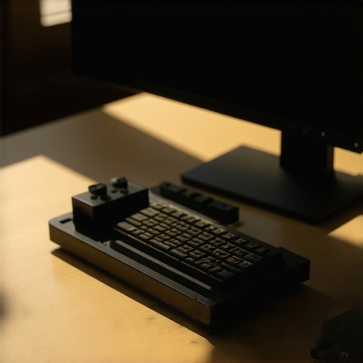 Organized Modern Desk Setup with USB-C Dock and Accessories A clean, ergonomic desk setup showcasing proper cable management and an organized desk tray next to a monitor.
