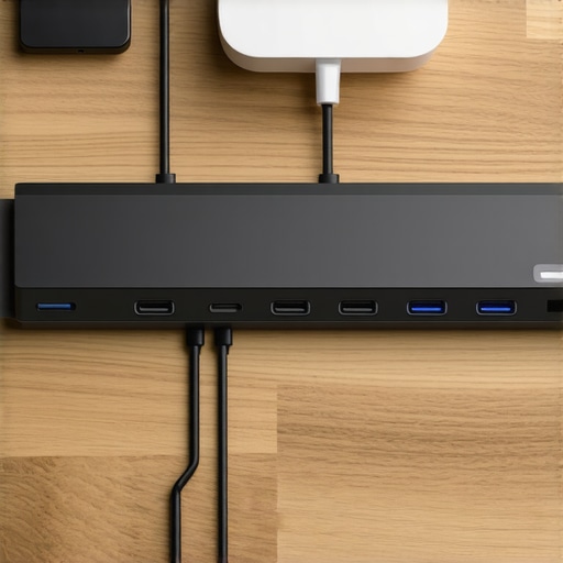 Organized Pro Desk Maintenance Close up of a labeled USB-C dock and organized cable management on a professional desk