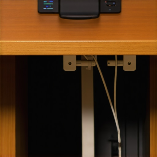 Organized Standing Desk Cable Management Under-desk view of a power strip and cable management loop on a standing desk.