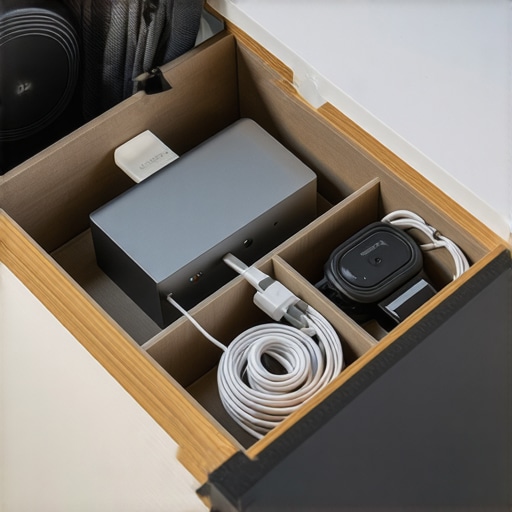 Top-down view of a well-organized office desk drawer using modular trays for tech accessories and cables.