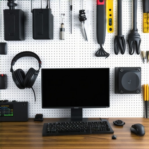 Organized Tech Pegboard Setup A minimalist pegboard with organized office accessories and integrated lighting above a desk.