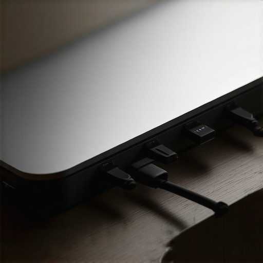 Organized USB-C Dock and Cable Management A professional desk setup showing a USB-C dock with organized cable management under the desk surface.