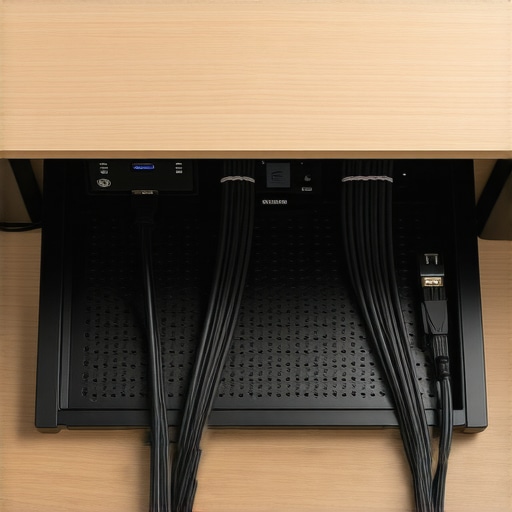 Organized Under Desk Cable Management Tray Properly routed power and data cables inside an under-desk cable tray with space for thermal ventilation