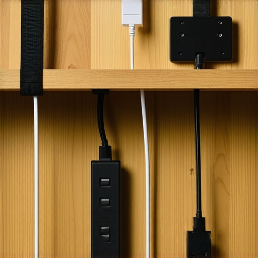 Close-up of tidy cable management under a desk using velcro straps and clips for a clean office setup.