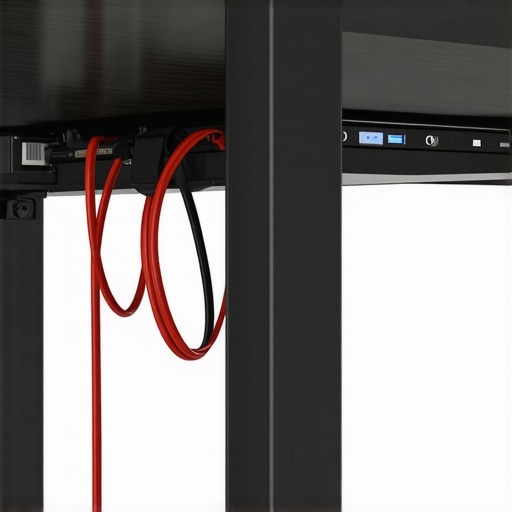 Organized Under-Desk Cable Management High-performance cable management system under a standing desk featuring braided cables and power strip mounts.