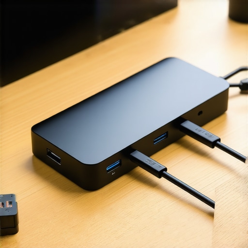 Organized Under-Desk USB-C Docking Station A close-up view of a professional cable management setup featuring a USB-C dock and organized cables.