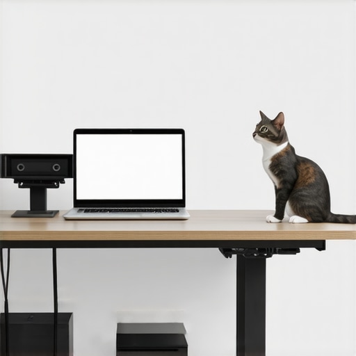 Organized and Cat-Proofed Desk Setup A desk setup featuring a vertical laptop mount and cable management box to prevent pet interference.