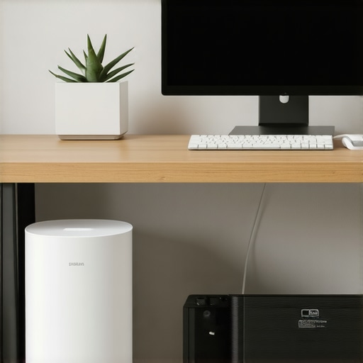 Organized and Dust-Free Modern Desk Setup A minimalist home office desk with integrated cable management and an air purifier for dust prevention.