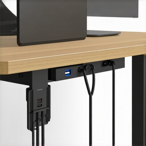 Organized power strip under a standing desk Under-desk cable management showing a mounted power strip and organized wires for a height-adjustable desk.