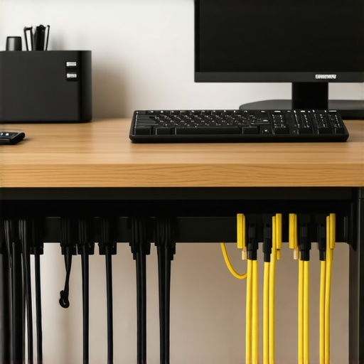 Organized under-desk cable management tray and power supply Clean minimalist home office desk showing neat under-desk cable routing with a metal wire tray.